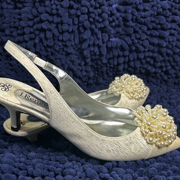 J. Renee Estee Satin/Pearls Slingback Kitten Heels Beige/Creme (Size 9) - Picture 3 of 4